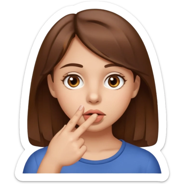 Emoji Fille cheveux long et brun yeux brun avec un doigt dans la bouche comme le truc baka sticker