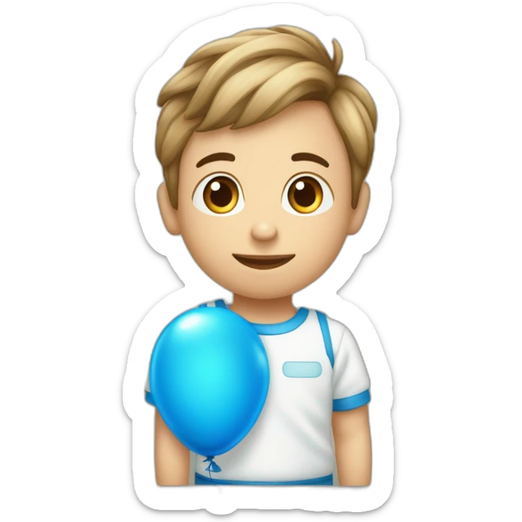 Un bambino in una culla con il fiocco azzurro e intorno tanti palloncini azzurri e una scritta MotiArt sticker