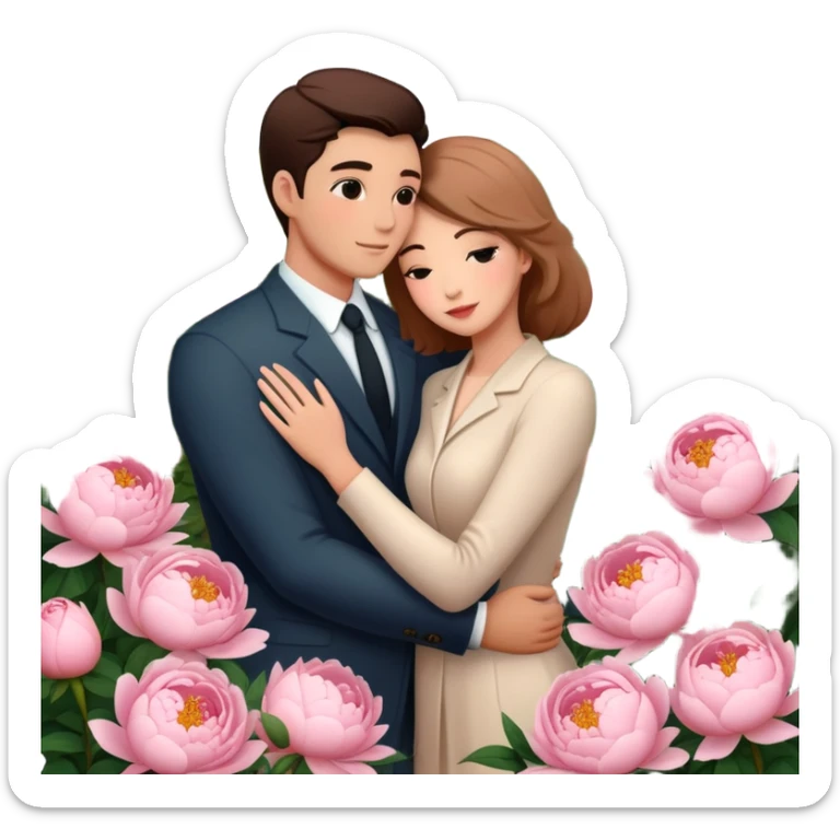 couple hug with warm Latina girl and russian man elegant peonies garden roses  sticker