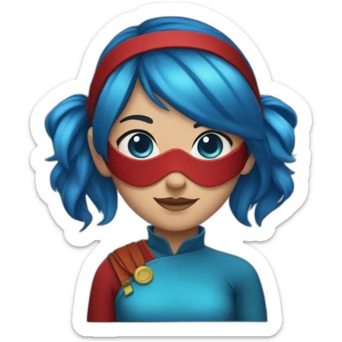 Girl with blue hair , blue eyes , red mask , and red costume , and two pony tails  sticker