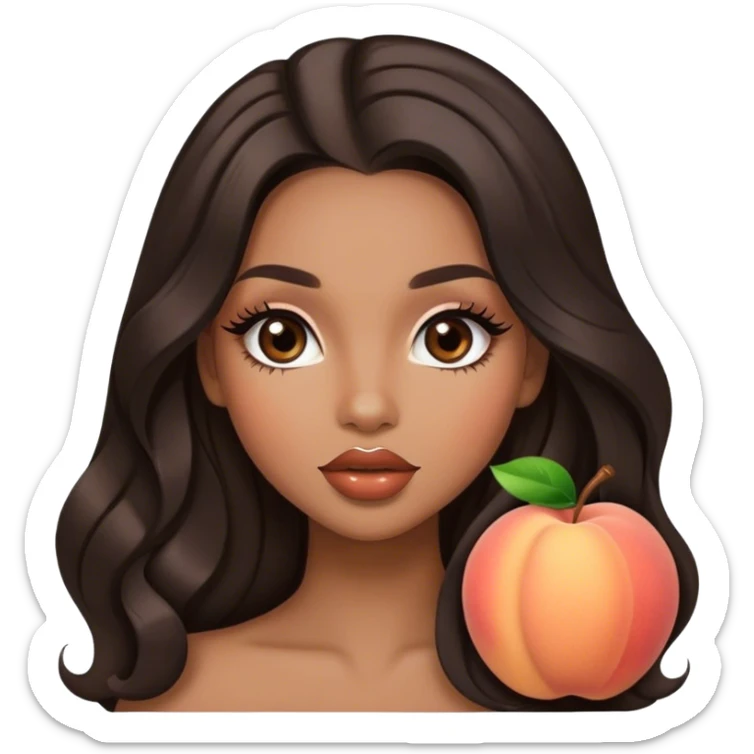 Glamourous, light brown skin tone, very beautiful girl, with big plump peach-beige lips, long long lashes, black wavy smooth long hair, straight parting hair, brown eyes sticker