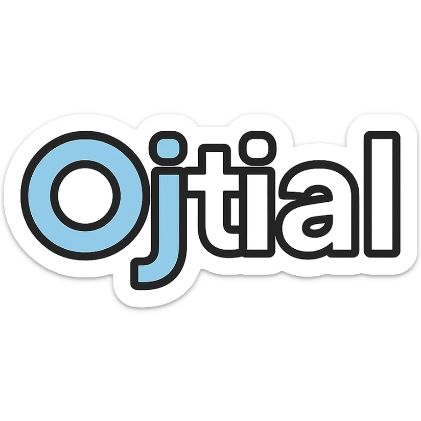 text logo with the word 'Ojtial', light blue and white colors, minimal geometric style sticker