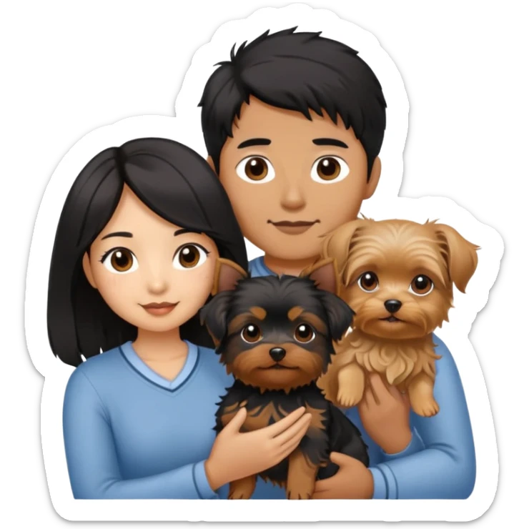 A couple holding holding a small Yorkshire Terrier together. The girl is an Asian girl with long, luscious wavy black hair (loose, no hair tie). She is standing beside a brown-skinned man with a short middle part haircut.  sticker