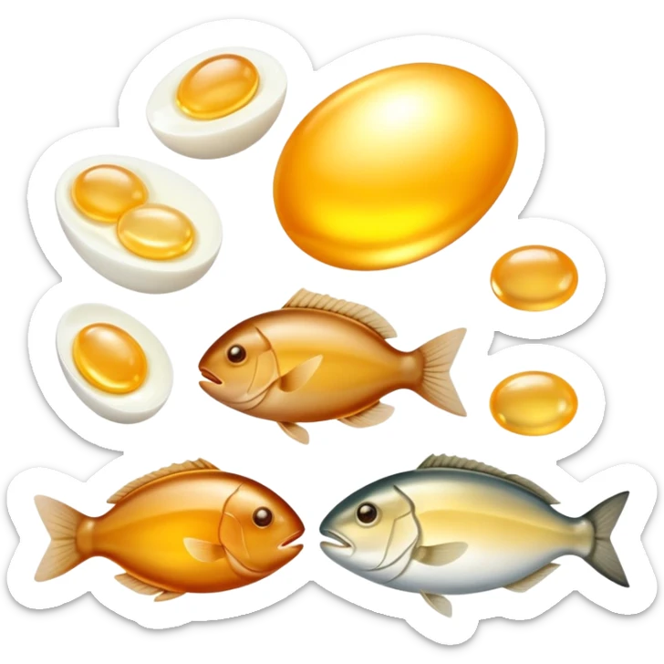 Animal sources of vitamin A: liver, egg yolks, cod liver oil, butter, and fatty fish glowing with a gentle golden aura. These foods emit a soft warm light representing their high content of preformed vitamin A (retinol). sticker