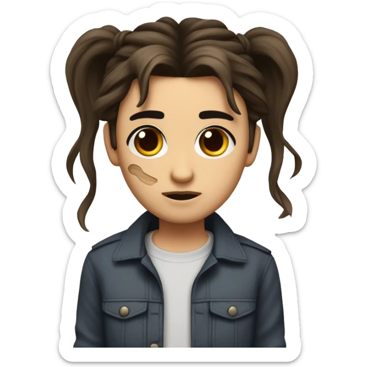 long dark brown stringy hair tied into two high ponytails that jut upward and outward. has small dark brown eyes with slightly thin eyebrows and a blood mark that extends from both sides of his face across the bridge of his nose. sticker