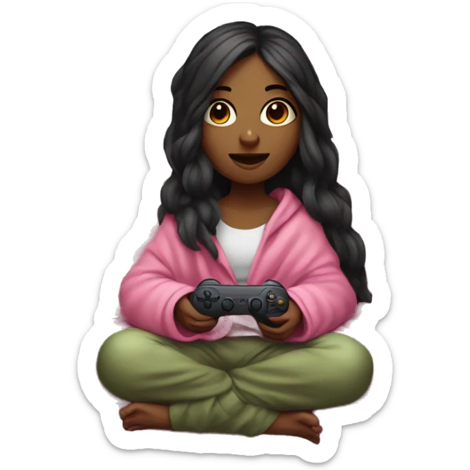 Olive skinned girl with long dark hair wrapped up in a blanket sitting on a couch with a pink gaming controller in her hands sticker