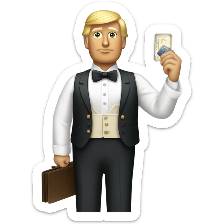 trump waiter Victorian dress elegant full body, holding big credit card sticker