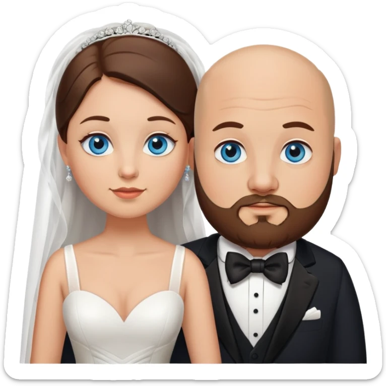 blue-eyed overweight bald man with a beard in a tux and brunette brown-eyed bride sticker