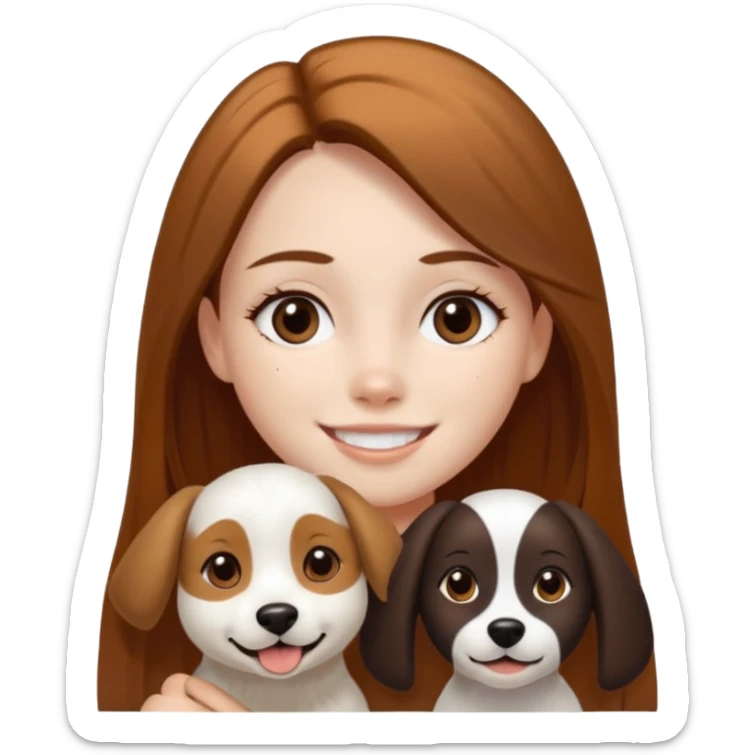 girl with white skin, brown eyes, long straight brown hair, with a white dog that has a black face with a stripe down the middle between the eyes and snout, and brown and caramel brown spots on the sides of the mouth sticker