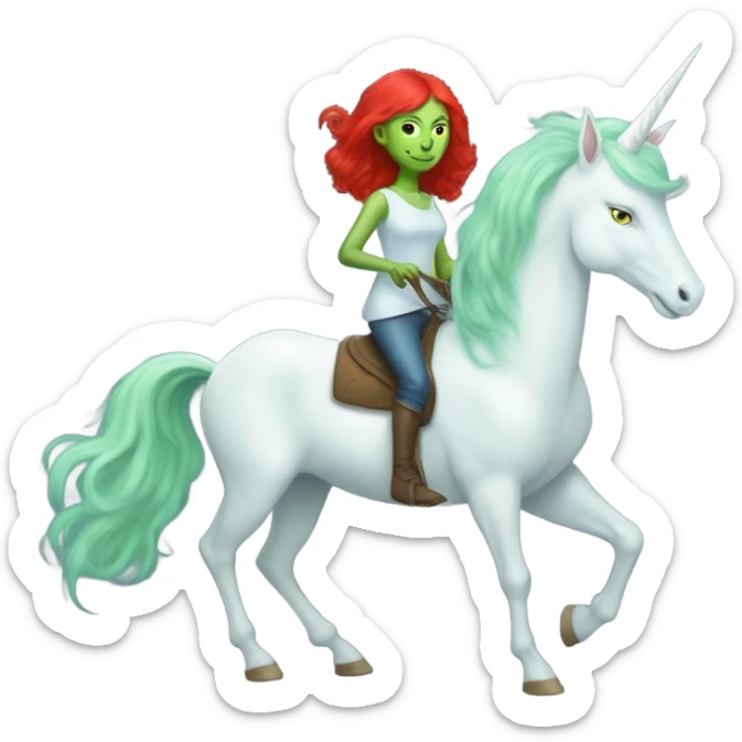 [politically incorrect
	{ woman: alien, color: light green, hair:red, eyes:cat} ]
	on a 
	[{ unicorn: white, legged:four, mane: light blue }] sticker