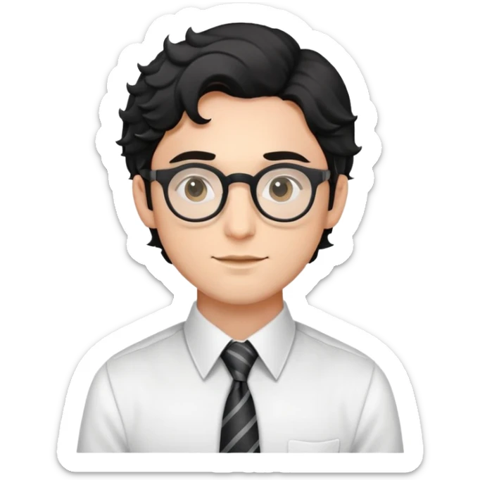 Young man with black wavy hair, round glasses, dressed for theater in smart casual outfit with dress shirt and tie sticker