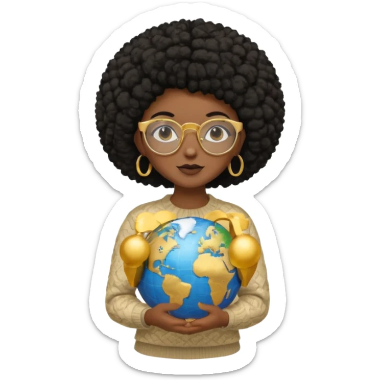 a young woman wearing gold round glasses and black afro hair, she has medium-dark skin, she's wearing a sweater and she's holding a globe in her hand sticker