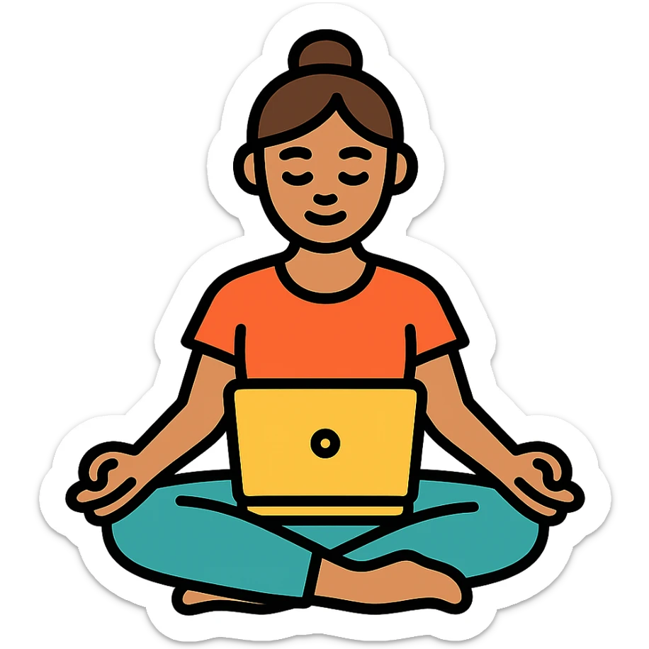 yoga teacher sitting cross-legged with a laptop, colored icon with black outlines sticker