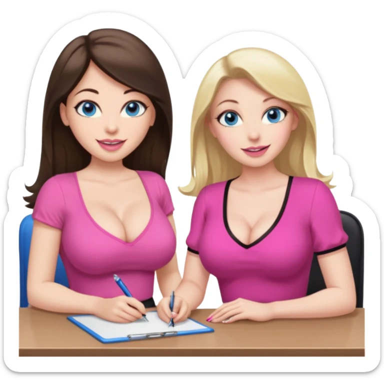 sexy woman brunette, very large breasts, pale skin, blue eyes, long brown hair, tight pink low cut  blouse, big pink lips, short black skirt. at desk next to similar blonde woman.  sticker