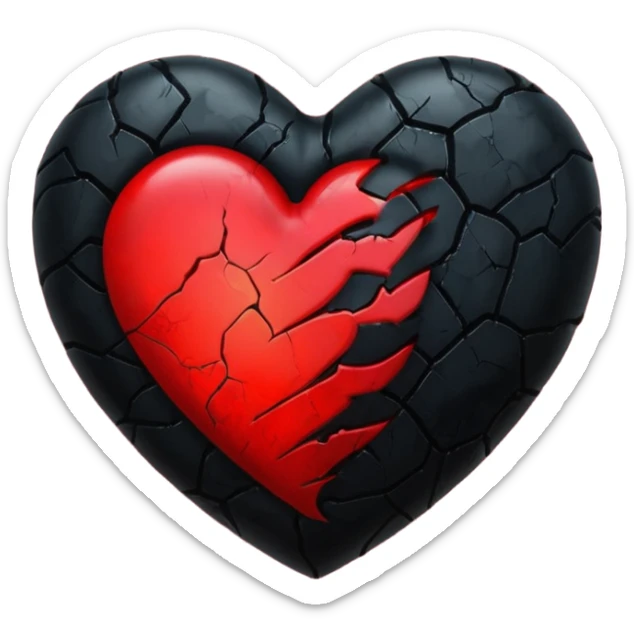 iOS style emoji, dark fantasy heart, black cracked heart, red inner glow, glossy sticker