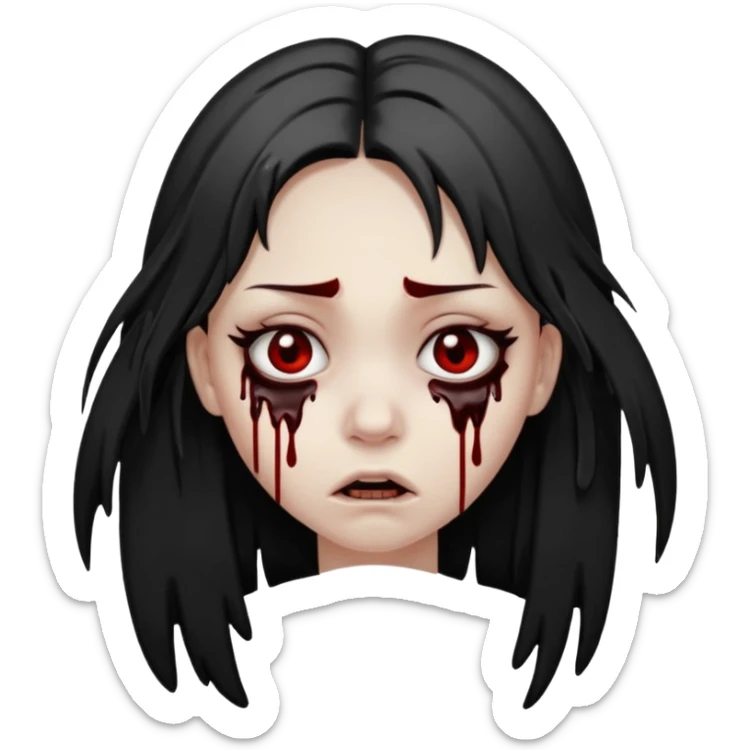Make me a girl with 2 strands of hair on each side over here face. Under here eyes put black blood dripping. Make make it look like she’s scared sticker