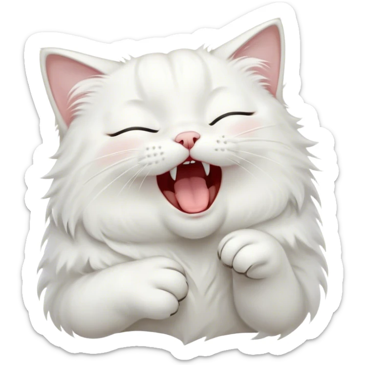 Cinematic Cute Yawning White Cat Portrait Emoji, Head gently tilted with an endearing, wide-open yawn and softly closed eyes, showcasing a pristine white fur with delicate hints of silver, simplified yet irresistibly adorable, highly detailed, glowing with a tender, cozy radiance, high shine, exuding sleepy charm and gentle affection, styled with a soft glowing outline, capturing the essence of a white cat caught mid-yawn, radiating pure, adorable lethargy! sticker