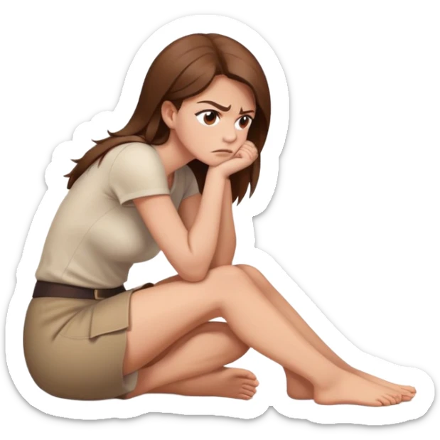angry woman with brown hair sitting in profile on a floor hugging her knees avoiding conversation  sticker