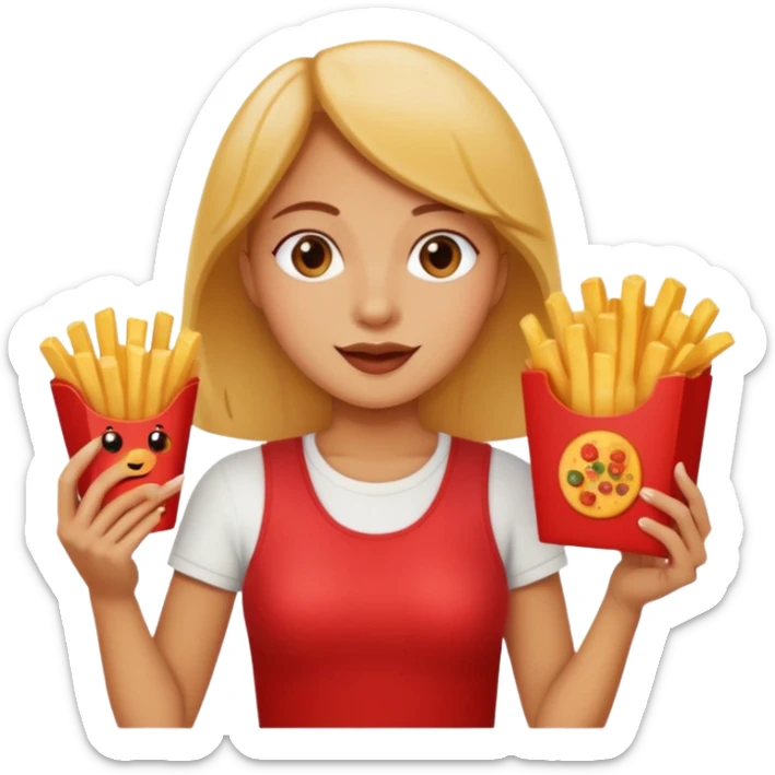 lean female holding fries on one hand and eating pizza on the other hand sticker