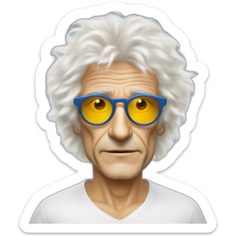 michel polnareff avec des lunettes de soleil blanches, des cheveux longs jaunes et raides, vieux, avec un costume bleu et expression de visage neutre sticker