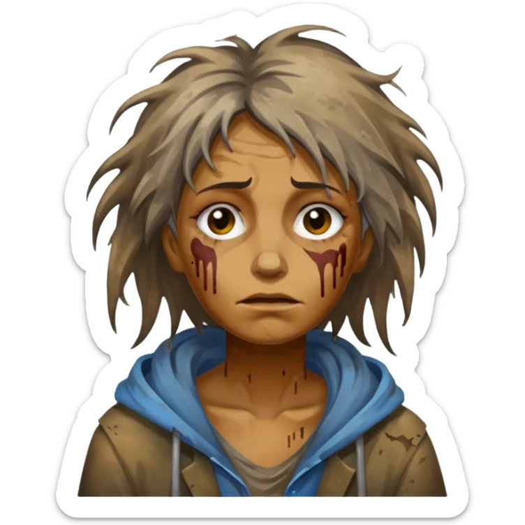 very dirty looking homeless woman very very dirty and smelly looking face only, not old with stains everywhere and messy hair and lots of stains on face ugly sticker