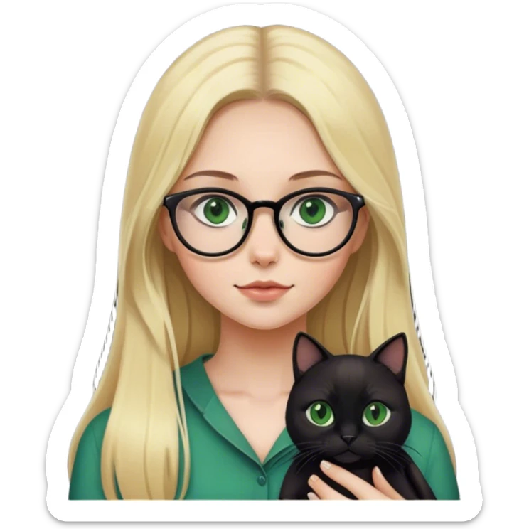 Girl with glasses and long blonde hair and green eyes holding a black cat sticker