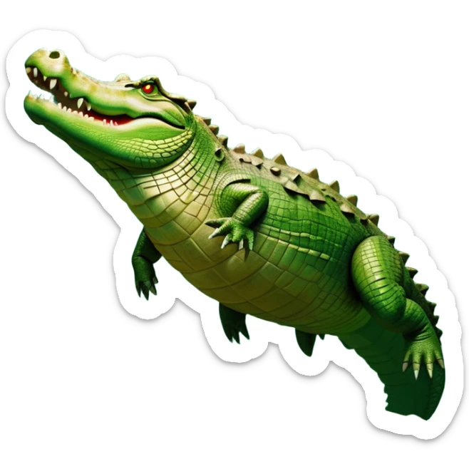cinematic-crocodile-realistic-full-body-lounging-emoji,-massive-scaled-body-partially-submerged-in-shallow-water,-head-tilted-dramatically,-rough-green-and-brown-hide-textured-with-deep-ridges,-simplified-yet-realistic-focused-features,-highly-detailed,-glowing-with-an-almost-sarcastic-glow sticker