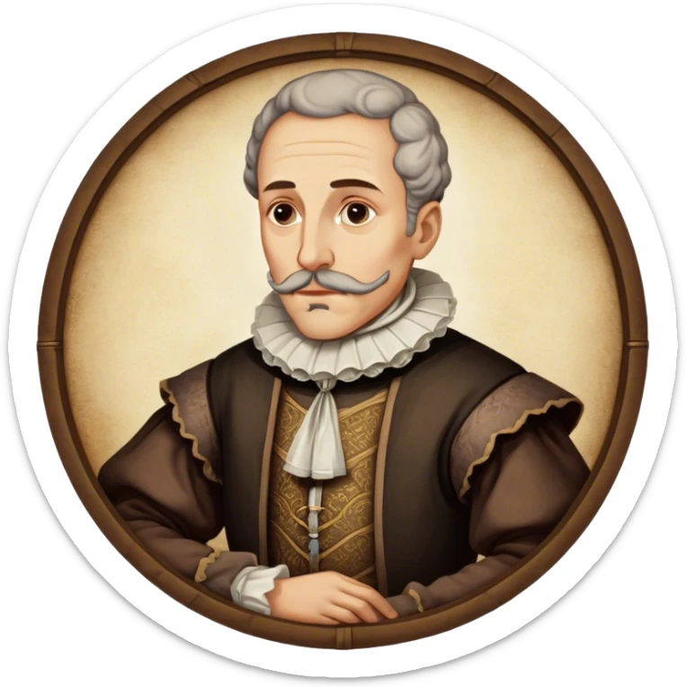 Cinematic Realistic Miguel de Cervantes Portrait Emoji, depicted as a wise thoughtful literary figure in period attire with a reflective gaze, rendered with detailed textures and soft historical lighting that captures his enduring literary legacy. sticker