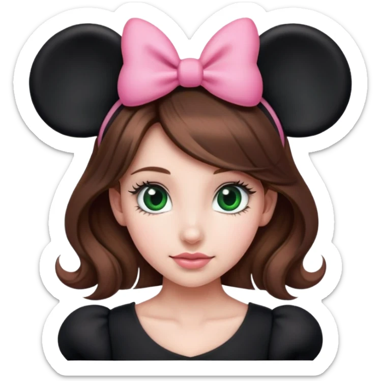 Brown hair girl with green eyes wearing black Minnie Mouse ears with a pink bow sticker