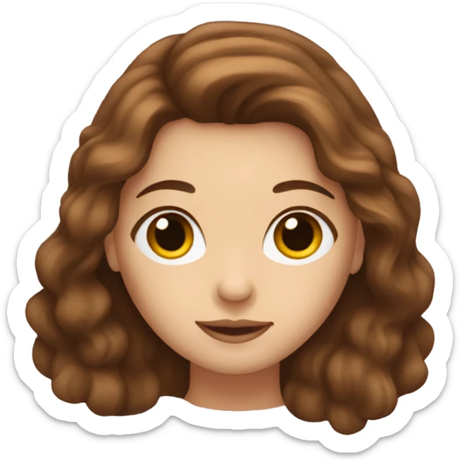 brown-haired woman with long hair, brown eyes, showing a heart sticker