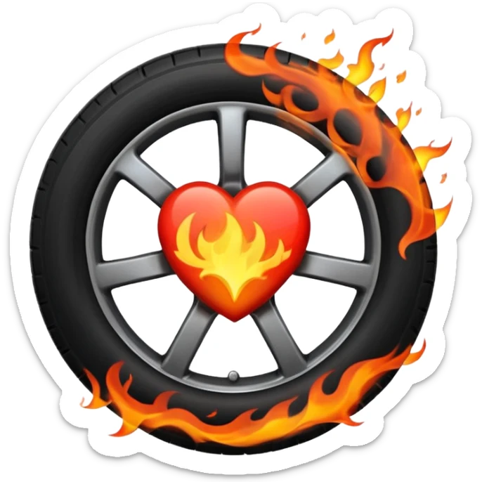 a burning car wheel, and in the center of the wheel there is a red heart sticker