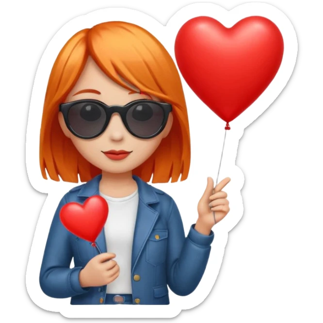 orange hair girl with sun glasses holding red heart balloon sticker