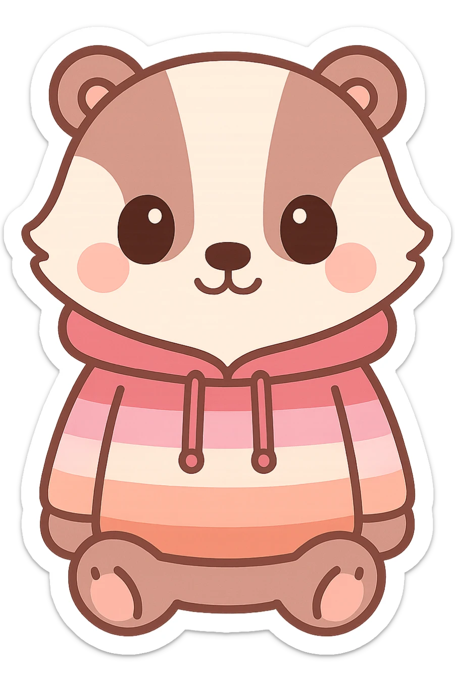 kawaii badger wearing a hoodie in lesbian pride flag stripes, sitting, no background sticker