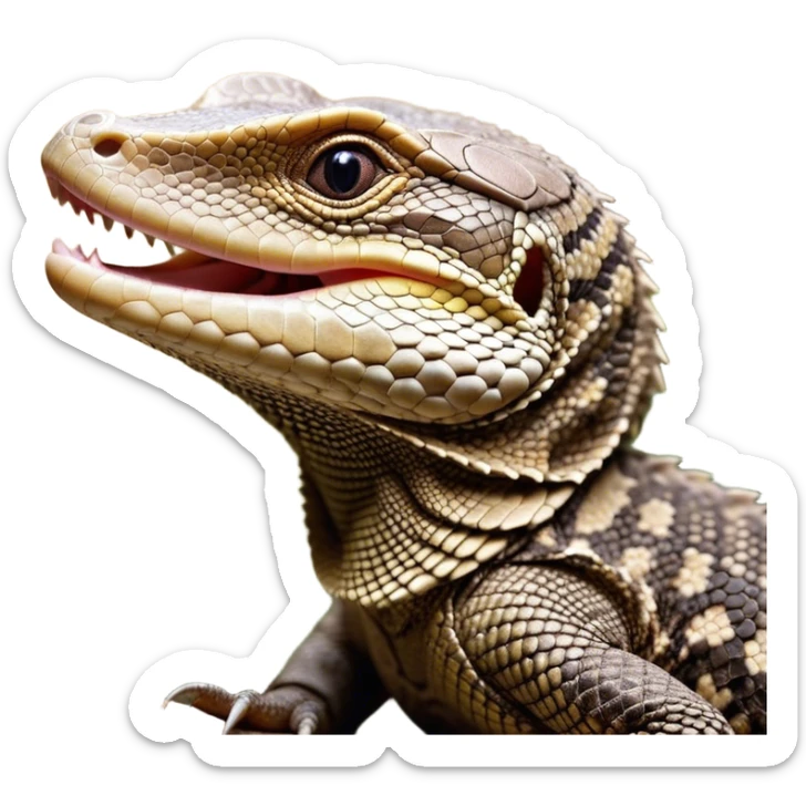 Cinematic Cute Yawning brown camo spotted monitor Lizard Portrait Emoji, Head tilted slightly with a dramatic, wide-open yawn, showcasing textured, patterned scales and sleepy, half-closed eyes exuding relaxed charm, Simplified yet irresistibly adorable features, highly detailed, glowing with a soft, cozy glow, high shine, relaxed yet expressive, stylized with a dash of whimsical wildness, soft glowing outline, capturing the essence of a drowsy yet affectionate reptile that appears ready to stretch out for a nap! sticker