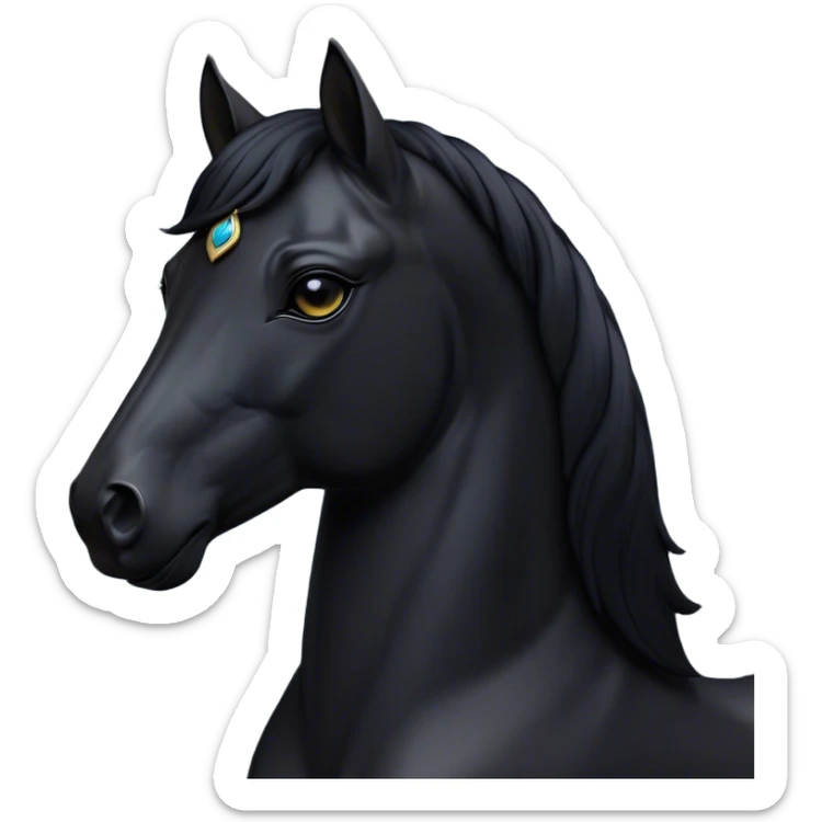 Cinematic Noble Black Horse Portrait Emoji, Poised and regal, with a strong, athletic build and a sleek, well-groomed jet-black fur, deep-set soulful dark eyes, Simplified yet sharp and sophisticated features, highly detailed, glowing with a soft, dignified glow, high shine, intelligent and commanding, stylized with an air of mysterious grace, focused and attentive, soft glowing outline, capturing the essence of a watchful and confident steed, so majestic it feels as though it could gallop out of the screen with effortless authority! sticker