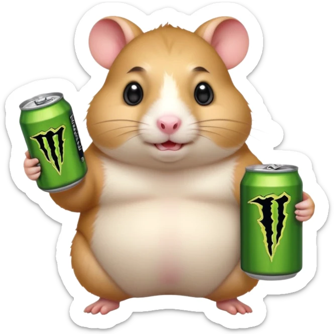 Funny cartoon-style fat hamster wide eyed like a crackhead holding a can of monster energy in one hand and redbull in the other hand sticker