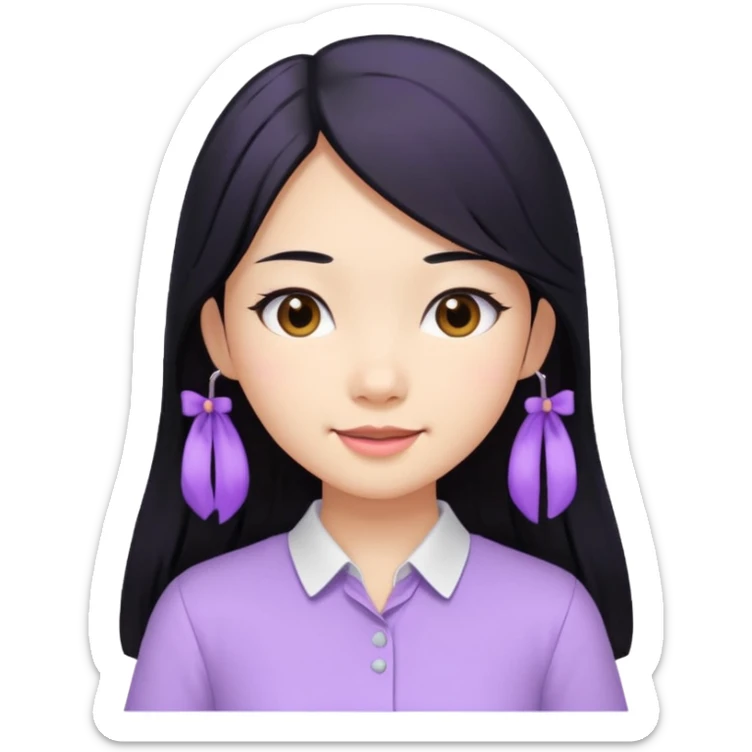 Asian girl, long black hair, lilac bando, white shirt, cheerful sticker