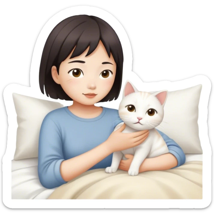 Short hair Asian girl wake up with white cat , sunshine  sticker