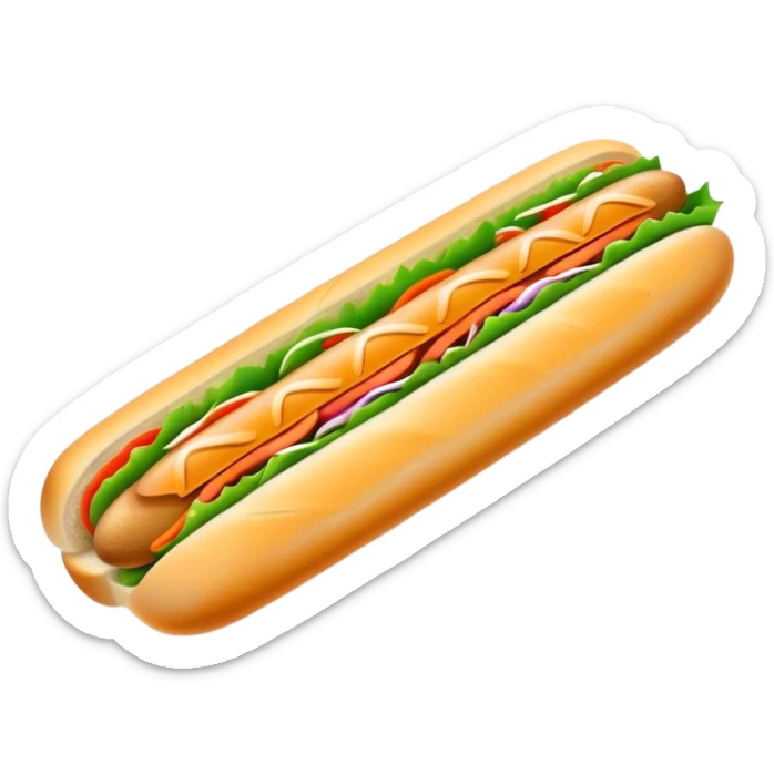 Banh Mi Cinematic Realistic Banh Mi Sandwich Dish Emoji, depicted as a simple, small baguette filled with fresh ingredients, rendered with crisp textures and vibrant, inviting lighting. sticker