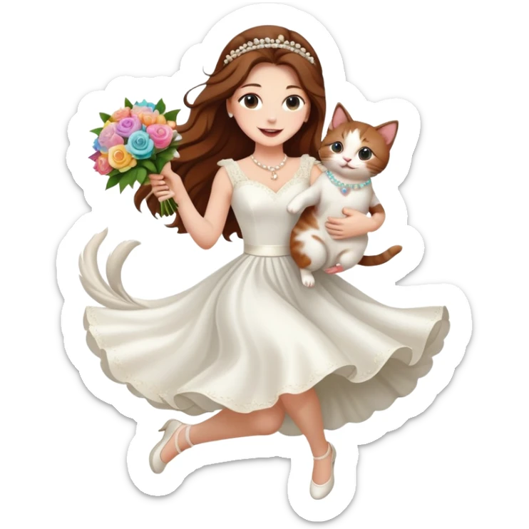 White woman - long hair - white wedding dress - holding a kitten - happy - jumping - fashionable - elegant - bouquet - dreamy - colorful - pearl accessories sticker