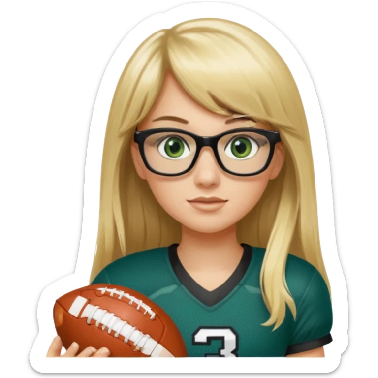long blonde hair with bangs small black rectangle glasses female green eyes football player wearing eagles jersey number 33 holding football sticker
