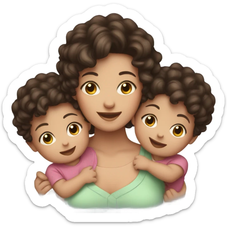 a mom with short dark brown curly hair  and 2 twins baby’s one boy one girl sticker