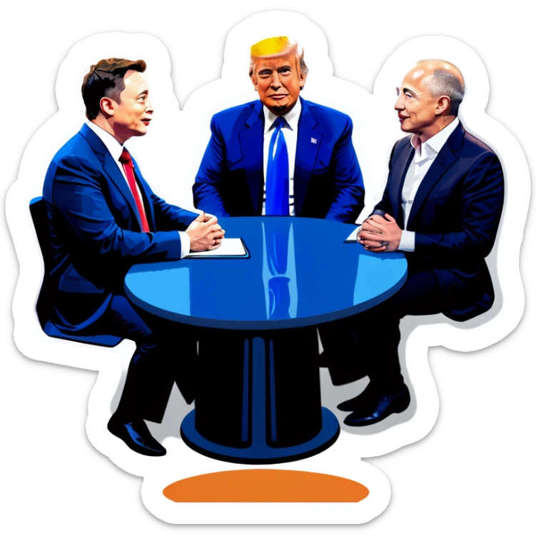 Jesus, Buddha, Elon Musk, Jeff Bezos, and Trump in a meeting sticker