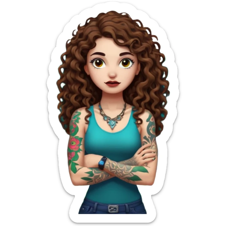 full body view of a woman with long curly brown hair, brown eyes, white skin, tattoos, arms crossed, eyebrow raised, neon forest chaos behind her sticker