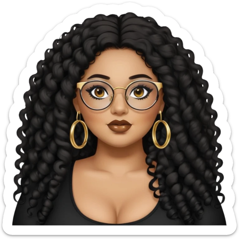 big plus size, latina, darker tan skin, gold hoops, long black curly hair, baddie,pretty, makeup, lipgloss, black eyeliner, long hair, black top, black glasses sticker