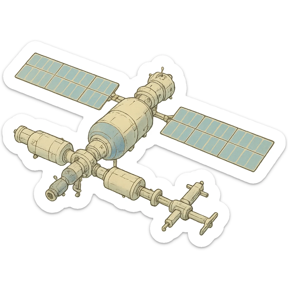 ghibli style illustration of Tiangong orbital station with soft colors sticker