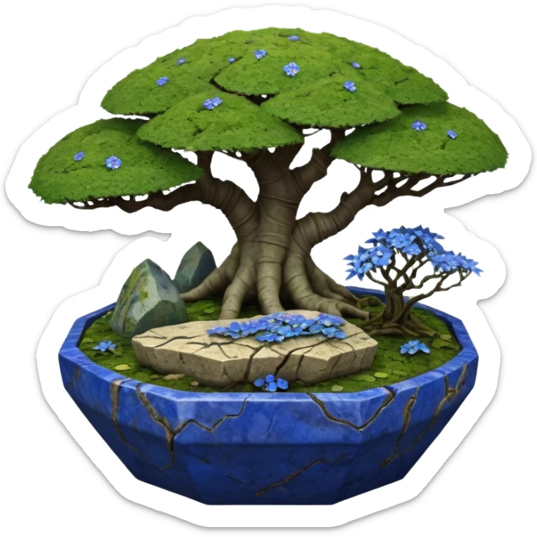 Alien saucer jungle-vines mountain-island landscape antique mudman very old broken cracked intricate Stone Age lapis-crusted irregular dodecagon-shaped shallow dark moss rough bark blue serissa flowered maple tree bonsai pot sticker