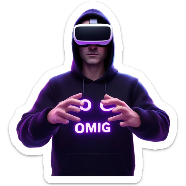 Russian man wearing a black hoodie with "OMG" letters on it and VR headset oculus quest 2 in a cyberpunk VR environment with violet neon lighting. Showing direction with hand sticker
