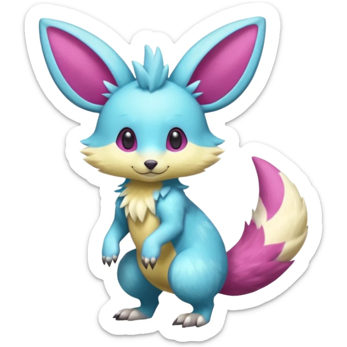 Cute Shiny smooth silky soft Cyan-Yellowish-Magenta Minccino-Zeraora-Emolga-Vernid-Sergal-fusion-hybrid-animal-creature, full body sticker