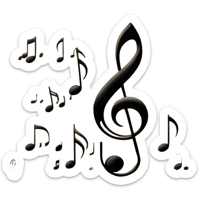 Cinematic Realistic Music Notes, crisp black ink on vintage sheet music, slightly curled edges, soft candlelight casting subtle shadows, glowing with an artistic and nostalgic charm. sticker